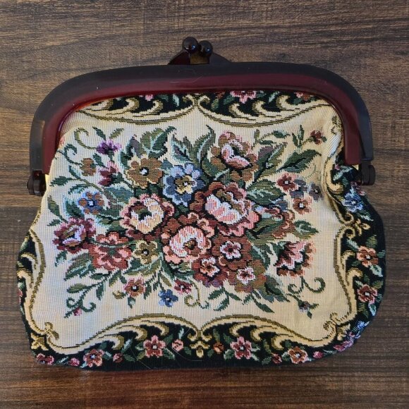Vintage Floral Needlepoint Clutch Purse With Maroon Frame & Kiss Lock Closure - Picture 5 of 8